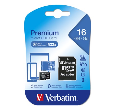 Verbatim memorijska kartica Premium Micro SDHC 16GB Class 10 + adapter