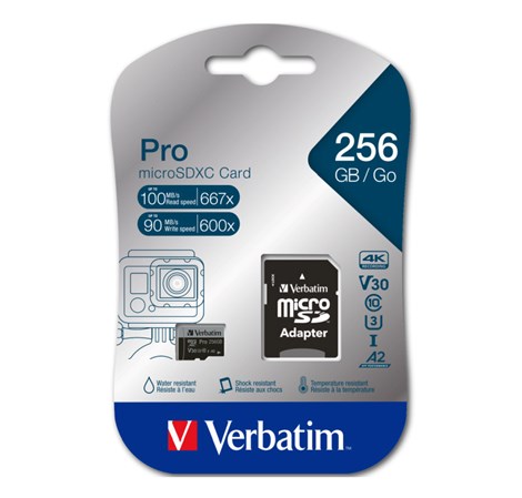 Verbatim memorijska kartica PRO Micro SDXC 256GB, U3, A2, V30, Class 10 Card + adapter