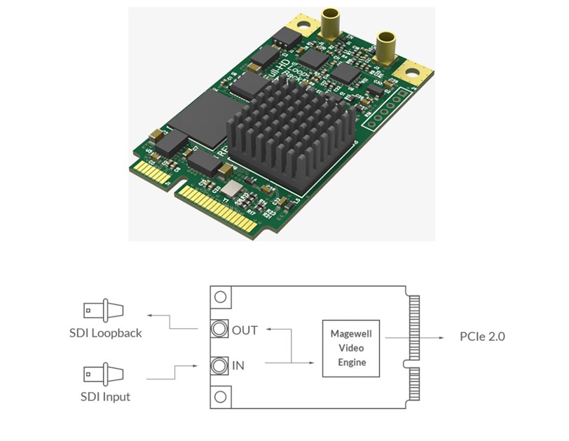 Magewell Pro capture mini SDI, mini PCIe, 1-channel SDI with loop through, 7mm heatsink, Windows/Linux/Mac (11130)