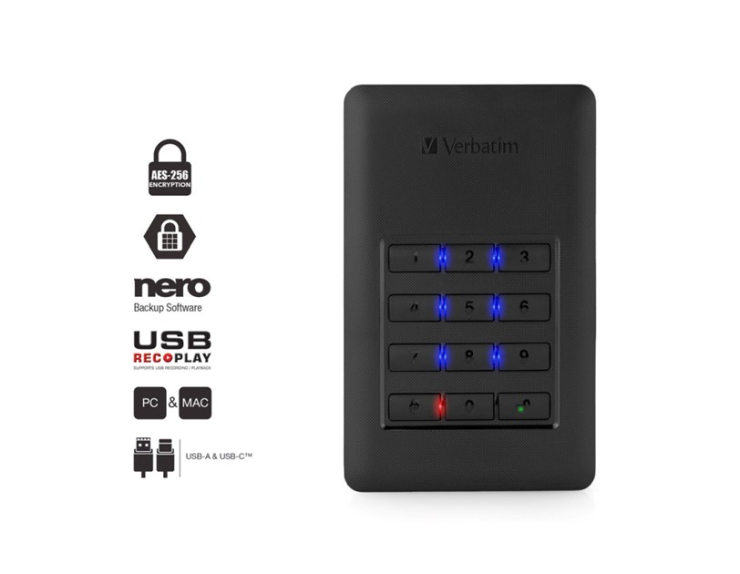 Verbatim 2.5" Store'n'Go Secure 1TB vanjski HDD, USB3.1 Gen1, AES 256-bit hardware enkripcija, zaštita pristupa tipkovnicom