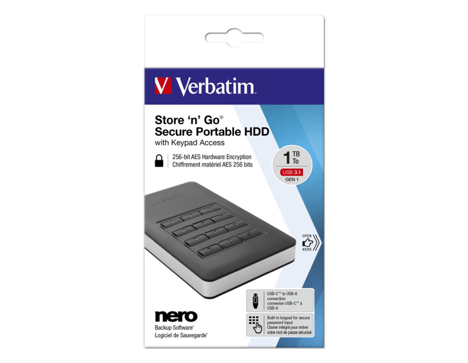 Verbatim 2.5" Store'n'Go Secure 1TB vanjski HDD, USB3.1 Gen1, AES 256-bit hardware enkripcija, zaštita pristupa tipkovnicom