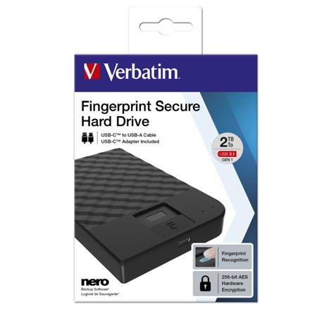 Verbatim 2.5" Fingerprint Secure Portable 2TB HDD USB3.1 Gen1, AES 256-bit hardware enkripcija, zaštita pristupa otiskom prsta