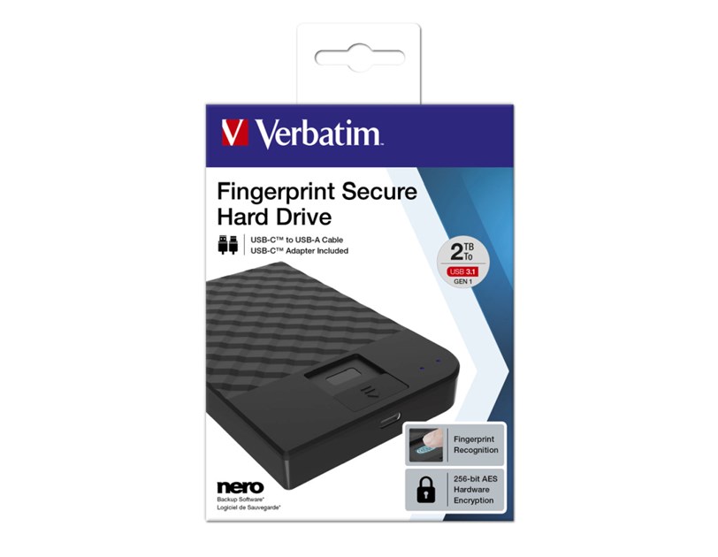 Verbatim 2.5" Fingerprint Secure Portable 2TB HDD USB3.1 Gen1, AES 256-bit hardware enkripcija, zaštita pristupa otiskom prsta