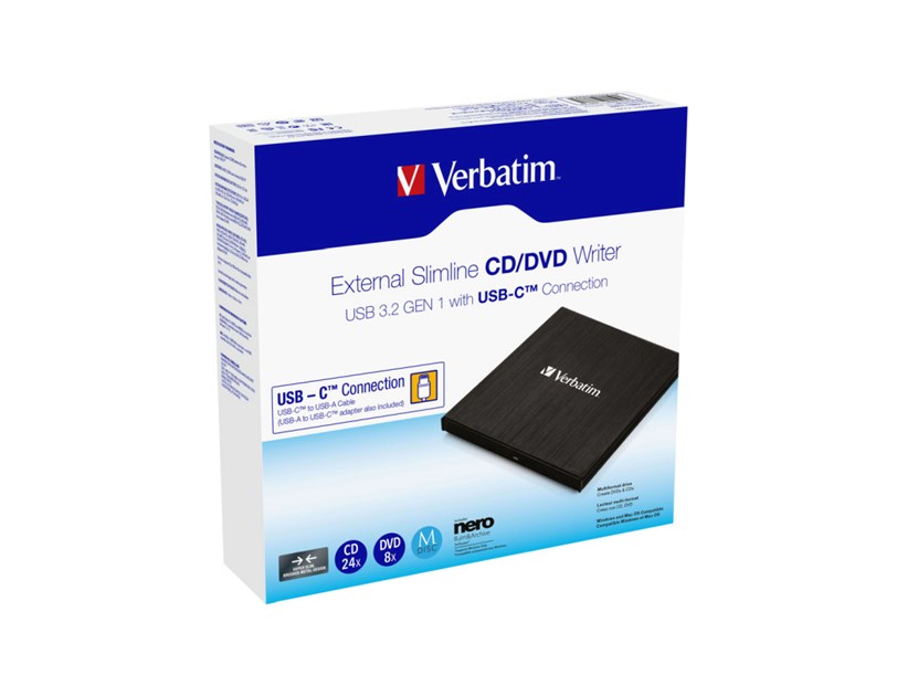 Verbatim CD/DVD Slimline vanjski snimač, M-Disc kompatibilan, USB3.2/USB-C, crni