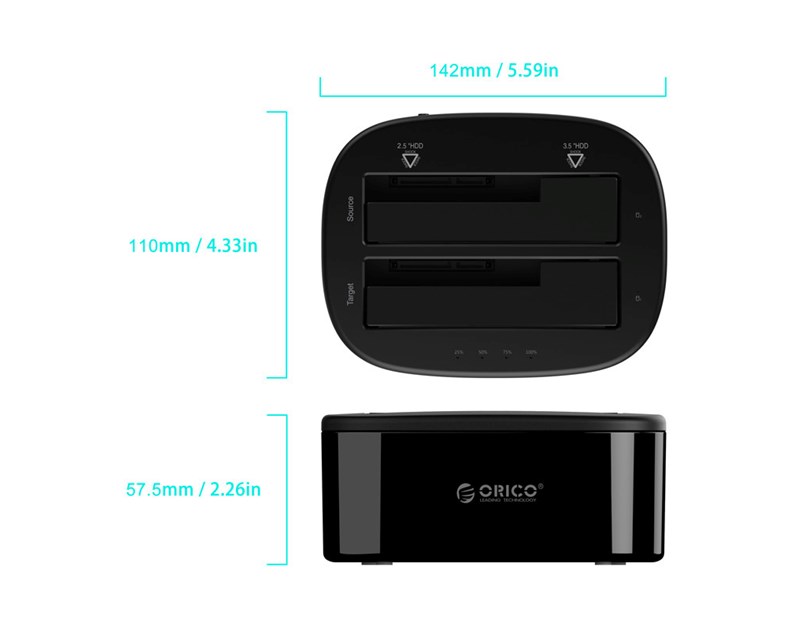 Orico Docking stanica 2×2.5"/3.5" SATA HDD, funkcija kloniranja, USB-A 3.0 (ORICO-6228US3-C-EU-BK-BP)