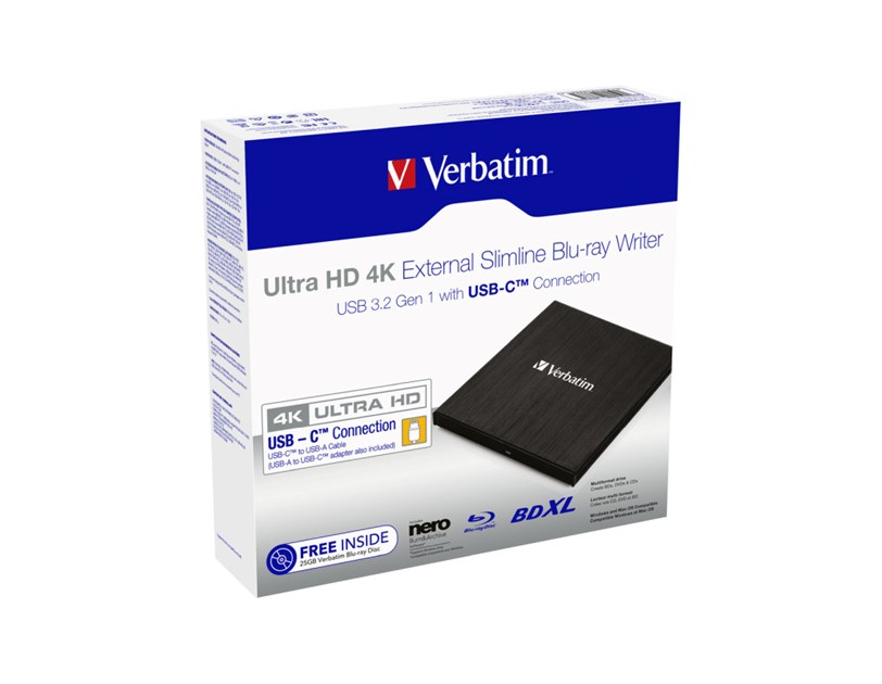 Verbatim Blu-Ray Slimline Ultra HD 4K vanjski snimač, M-Disc kompatibilan, USB3.2 (USB-C), crni