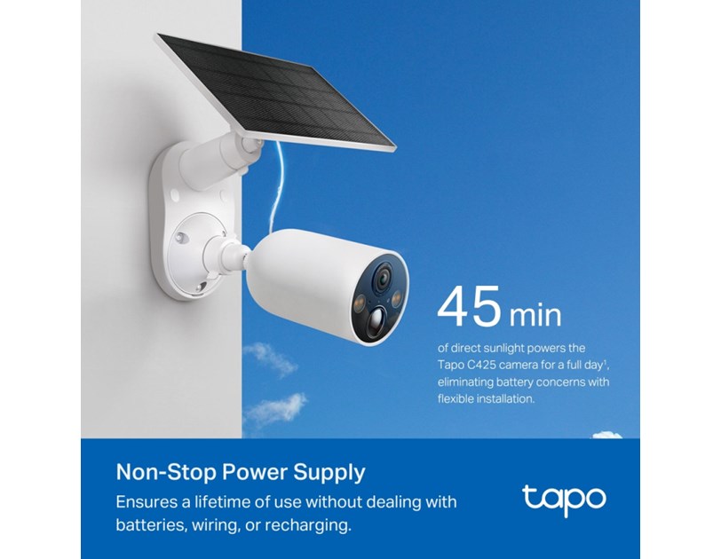 TP-Link Tapo C425 kamera + Tapo A201 Solar panel 2K QHD 4MP, H.264, Full-Color Night Vision, microSD, dvosmjerni audio, detekcija pokreta, vodootporna IP66, Wi-Fi, Tapo app