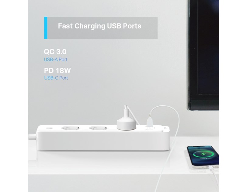 TP-Link Tapo P300 WiFi Smart multi utičnica, 3×strujna utičnica, 2×USB-A, 1×USB-C, QC3.0 18W punjač, Tapo app, Wi-Fi kontrola, Timer/Schedule postavke, Glasovna kotrola Amazon Alexa/Google Assistant