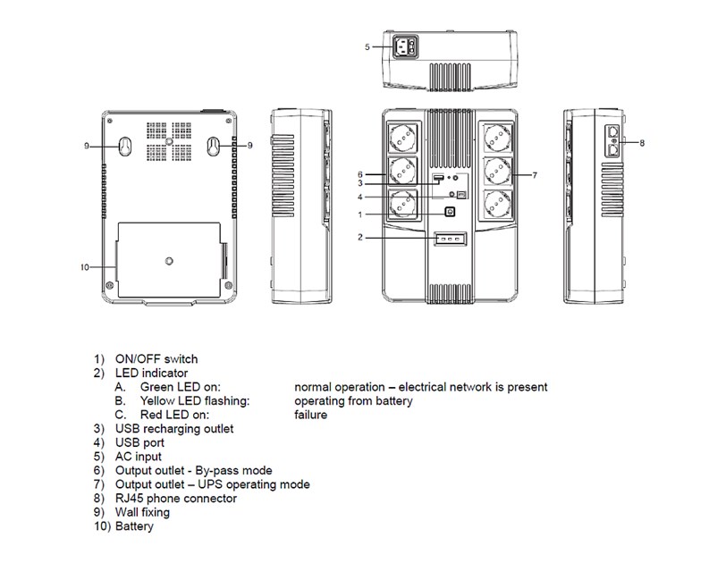 Elsist UPS Multistation 1000VA/600W,  Line-Interactive, discharge, overcharging, overload protection, 6×Schuko, USB×2, 1x9Ah, 5min. autonomija
