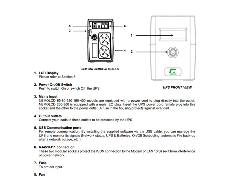 Elsist UPS NemoLCD 120 1200VA/480W, Line-Interactive, USB, RJ11/RJ45, 2×Schuko, 1×9Ah, 10min. autonomija