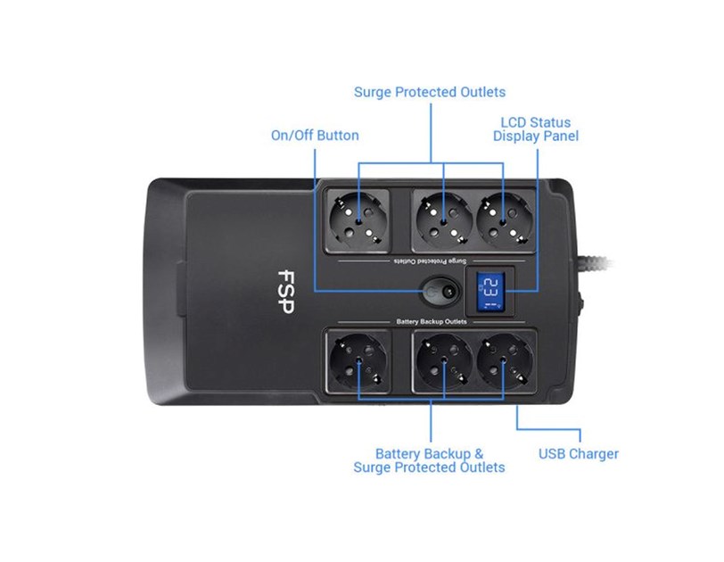 Fortron Source UPS NanoFit 800VA/480W, Offline, 2×USB, 6×Schuko, RJ45, 1×5Ah