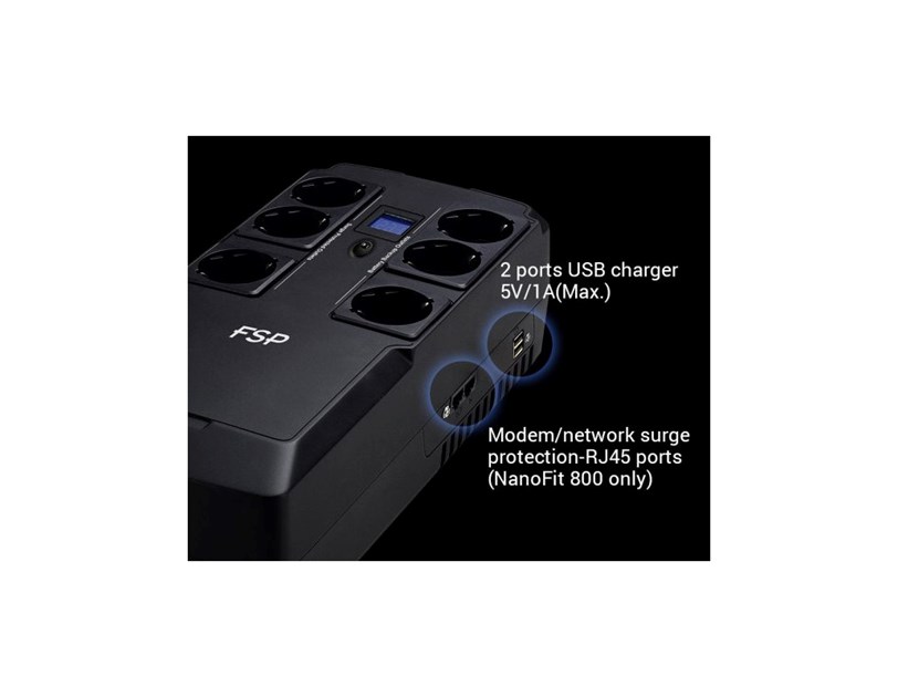 Fortron Source UPS NanoFit 800VA/480W, Offline, 2×USB, 6×Schuko, RJ45, 1×5Ah