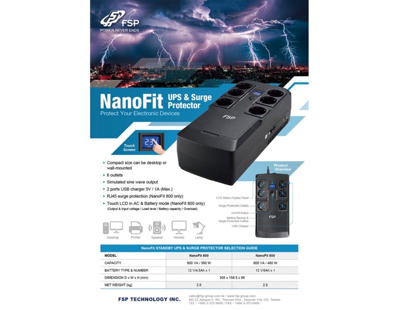 Fortron Source UPS NanoFit 800VA/480W, Offline, 2×USB, 6×Schuko, RJ45, 1×5Ah