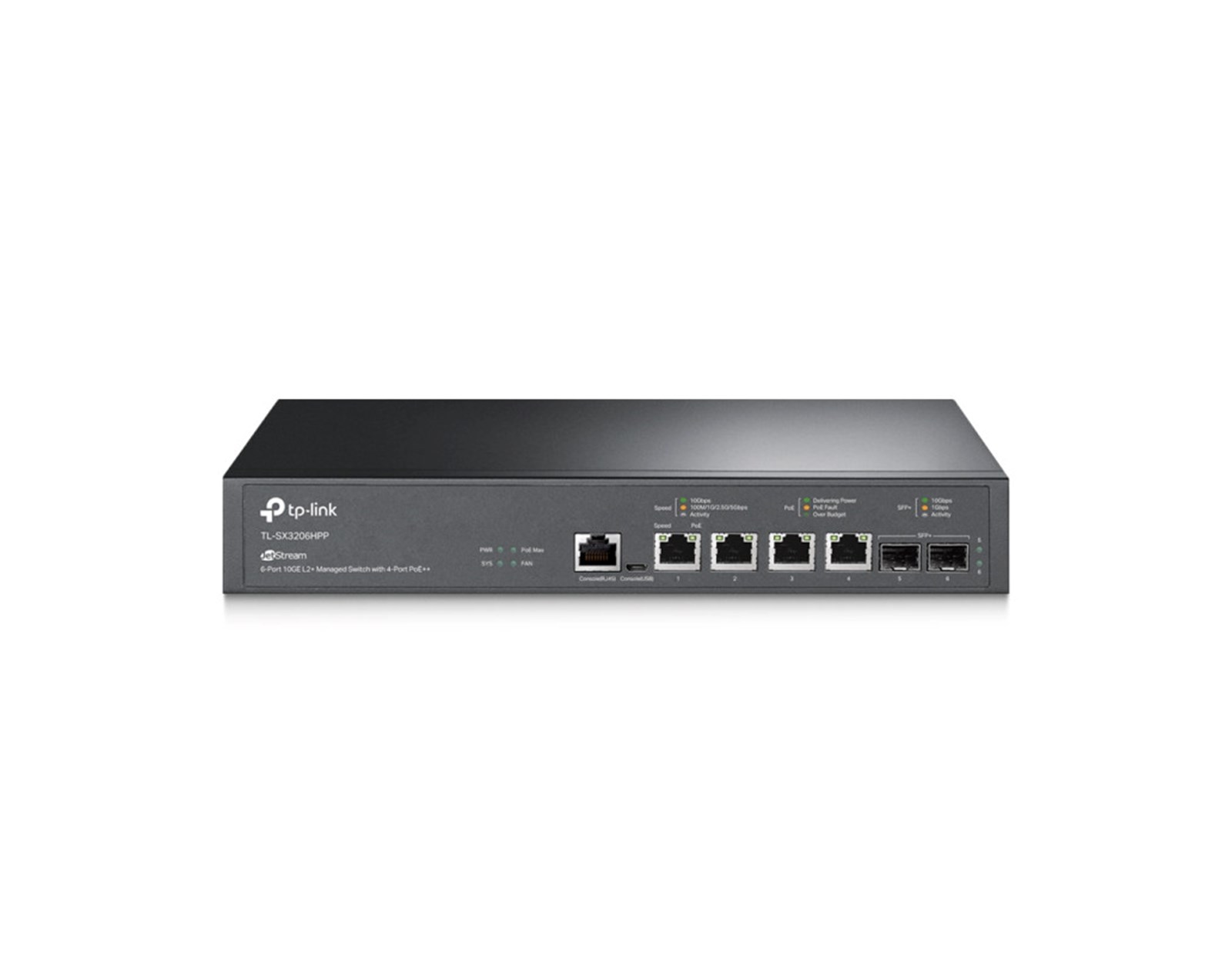 TP-Link 6-Port Omada JetStream Managed preklopnik (Switch) 10GE L2+, 4×10GB RJ45 portEs, 4xPoe++, 2×10G SFP+, 1× RJ45 Console Port, 1× Micro-USB Console Port, metalno kućište