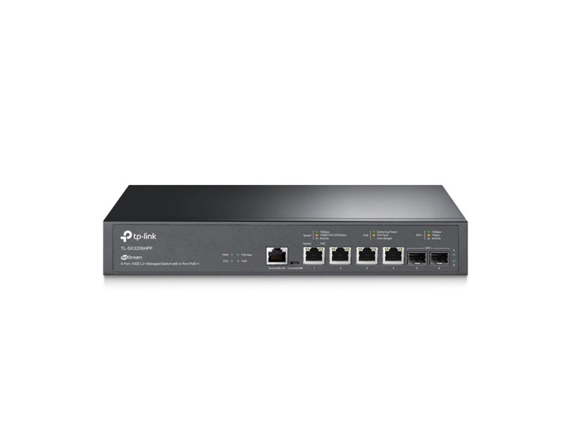 TP-Link 6-Port Omada JetStream Managed preklopnik (Switch) 10GE L2+, 4×10GB RJ45 portEs, 4xPoe++, 2×10G SFP+, 1× RJ45 Console Port, 1× Micro-USB Console Port, metalno kućište
