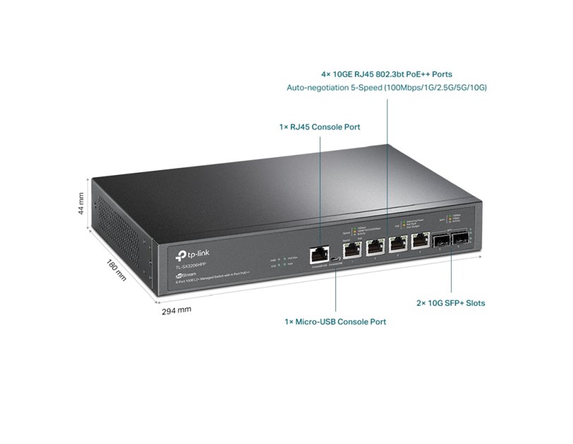 TP-Link 6-Port Omada JetStream Managed preklopnik (Switch) 10GE L2+, 4×10GB RJ45 portEs, 4xPoe++, 2×10G SFP+, 1× RJ45 Console Port, 1× Micro-USB Console Port, metalno kućište