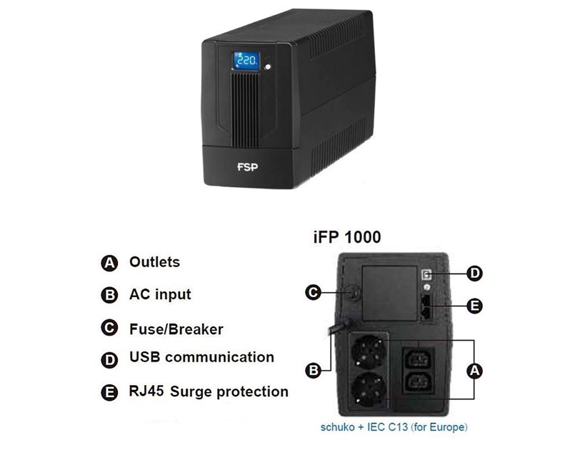 Fortron Source UPS iFP 1000VA/600W, Line-interactive, 2×Schuko, 2×IEC C13, RJ45, USB, 2×7Ah