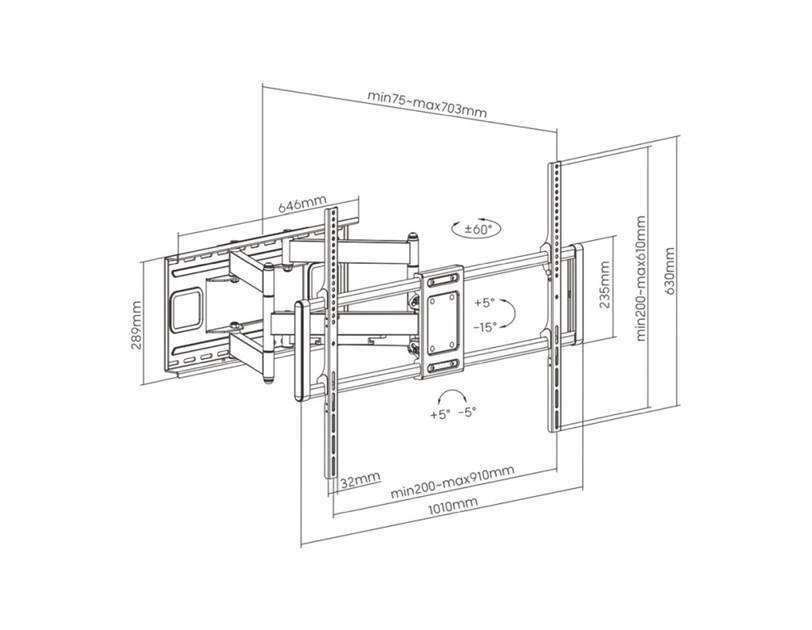 Roline VALUE zidni nosač za TV 60"-120", udaljenost od zida 75mm-703mm, nosivost 120kg, crni
