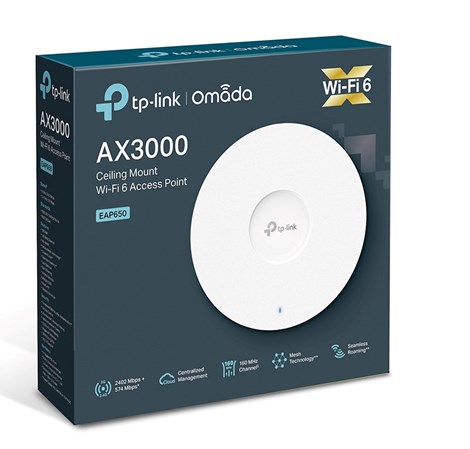 TP-Link Omada AX3000 bežična pristupna točka stropna Dual-Band Wi-Fi 6 (AP) 574Mbps/2402Mbps (2.4GHz/5GHz), 802.11ax/ac/n/g/b/a, 1×1GbE, 802.3at PoE, 2×interna antena