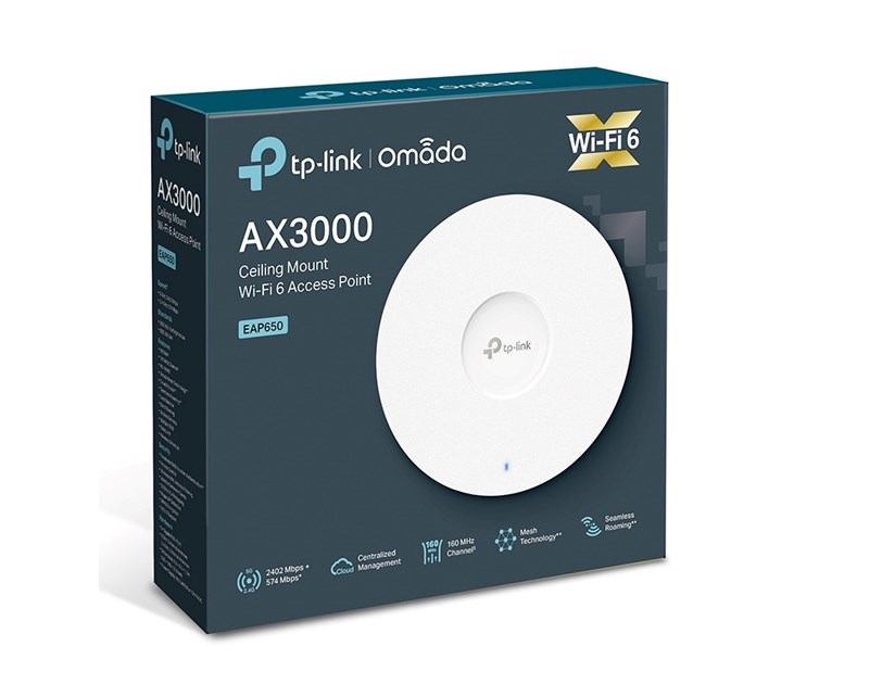TP-Link Omada AX3000 bežična pristupna točka stropna Dual-Band Wi-Fi 6 (AP) 574Mbps/2402Mbps (2.4GHz/5GHz), 802.11ax/ac/n/g/b/a, 1×1GbE, 802.3at PoE, 2×interna antena