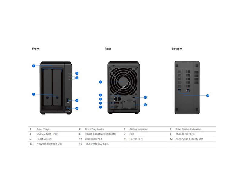 Synology DS723+ DiskStation 2-bay All-in-1 NAS server, 2.5"/3.5" HDD/SSD podrška, Hot Swappable HDD, Wake on LAN/WAN, 2GB, 2×G-LAN, USB3.2 Gen 1/eSATA