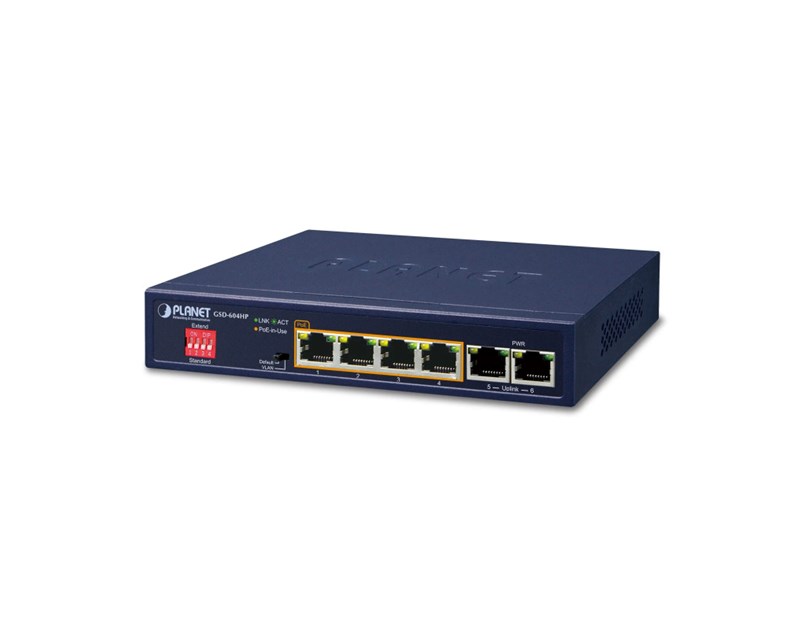 PLANET Gigabit preklopnik (Switch) 4-port 10/100/1000Mbps 802.3at High Power PoE (55W) + 2-Port 10/100/1000T