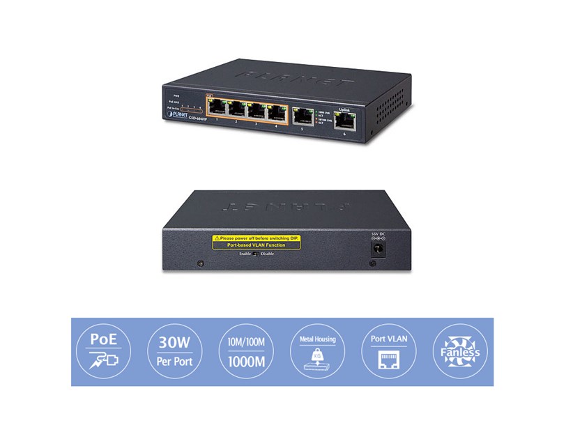 PLANET Gigabit preklopnik (Switch) 4-port 10/100/1000Mbps 802.3at High Power PoE (55W) + 2-Port 10/100/1000T