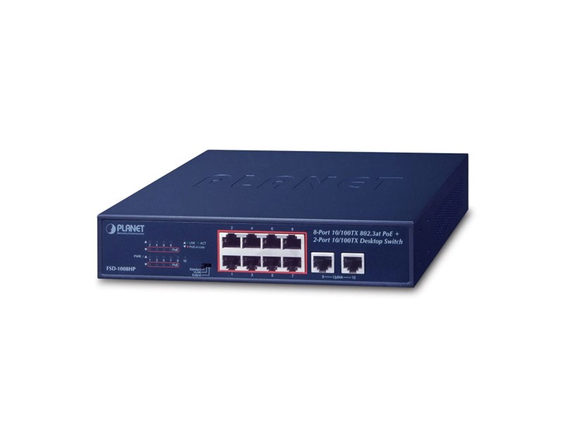 PLANET preklopnik (Switch) 10" 8-port 10/100TX 802.3at PoE + 2-port 10/100TX, rack-mountable