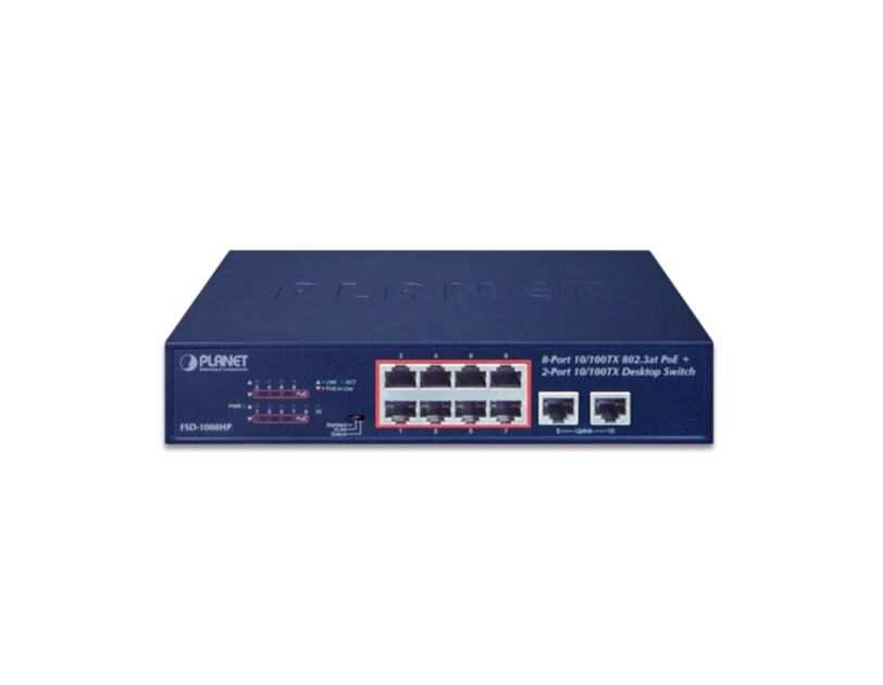PLANET preklopnik (Switch) 10" 8-port 10/100TX 802.3at PoE + 2-port 10/100TX, rack-mountable