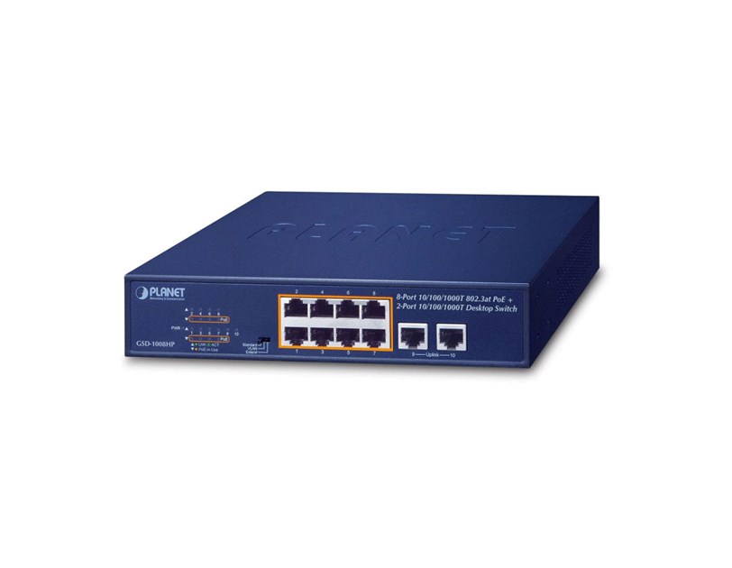 PLANET Gigabit preklopnik (Switch) 10" 10-port 10/100/1000Mbps sa 8-port IEEE 802.3at PoE+ Injector, 1U desktop/rack mountable (120W)