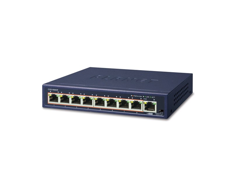PLANET Gigabit Preklopnik (Switch) 8-port 10/100/1000Mbps sa 8-Port 802.3at PoE + 1-port Gigabit Ethernet Switch (100W POE Budget with External Power Supply)