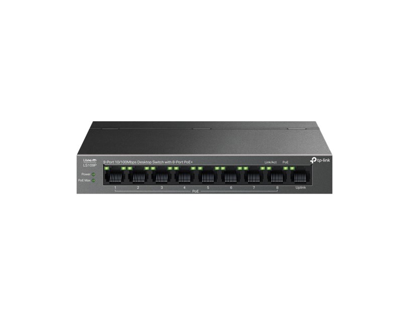TP-Link 9-port Desktop preklopnik (Switch),9×10/100M RJ45 ports, 63W PoE, 8x port PoE+, do 250m PoE prijenos, Plug&play, metalno kućište