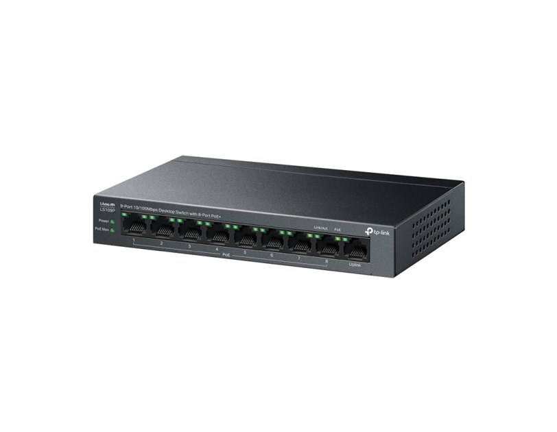 TP-Link 9-port Desktop preklopnik (Switch),9×10/100M RJ45 ports, 63W PoE, 8x port PoE+, do 250m PoE prijenos, Plug&play, metalno kućište