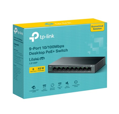 TP-Link 9-port Desktop preklopnik (Switch),9×10/100M RJ45 ports, 63W PoE, 8x port PoE+, do 250m PoE prijenos, Plug&play, metalno kućište