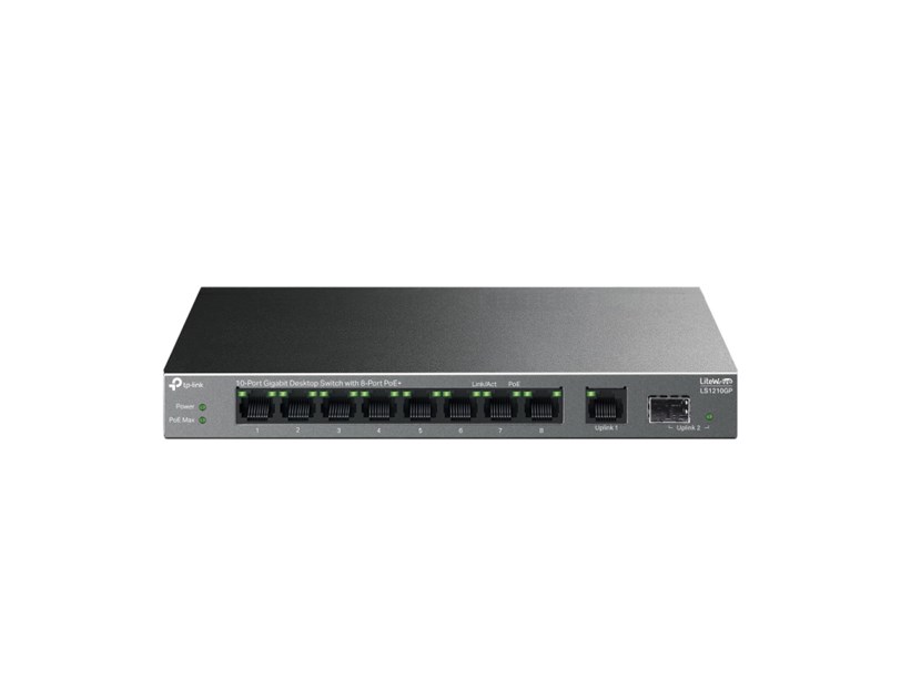 TP-Link 9-port LS1210GP desktop preklopnik, 61W PoE, 9×10/100/1000 Mbps RJ45 ports (1-8 port PoE+) 1× Gigabit SFP Port, do 250m PoE prijenos, Plug&play, metalno kućište