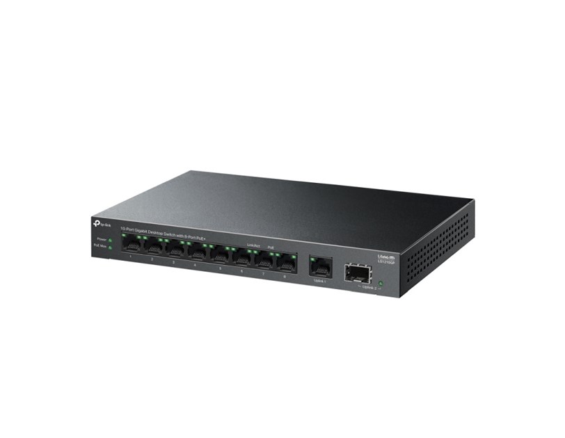 TP-Link 9-port LS1210GP desktop preklopnik, 61W PoE, 9×10/100/1000 Mbps RJ45 ports (1-8 port PoE+) 1× Gigabit SFP Port, do 250m PoE prijenos, Plug&play, metalno kućište
