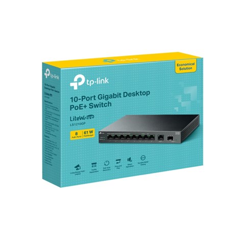 TP-Link 9-port LS1210GP desktop preklopnik, 61W PoE, 9×10/100/1000 Mbps RJ45 ports (1-8 port PoE+) 1× Gigabit SFP Port, do 250m PoE prijenos, Plug&play, metalno kućište