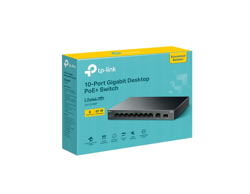 TP-Link 9-port LS1210GP desktop preklopnik, 61W PoE, 9×10/100/1000 Mbps RJ45 ports (1-8 port PoE+) 1× Gigabit SFP Port, do 250m PoE prijenos, Plug&play, metalno kućište