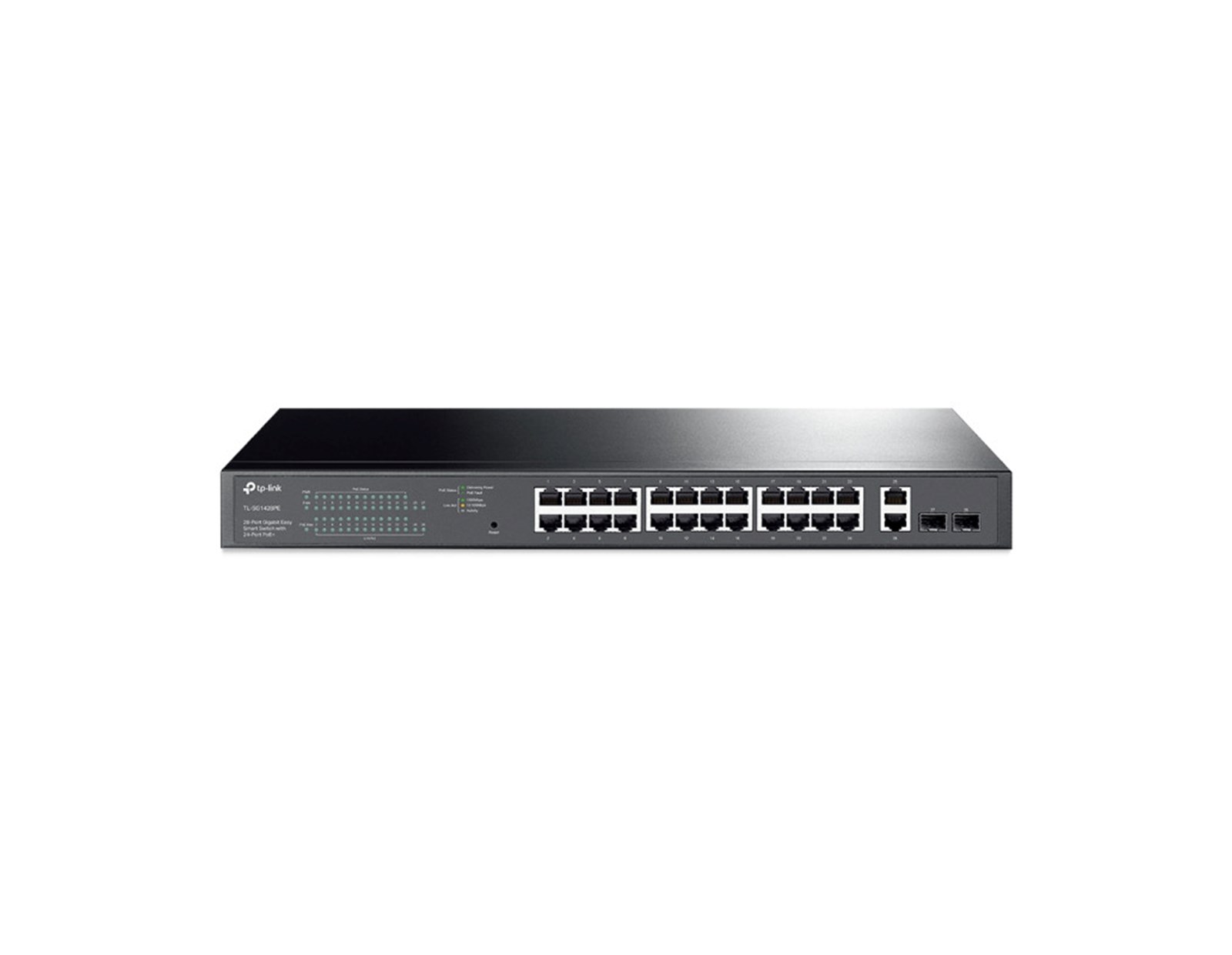 TP-Link Omada JetStream 28-port Gigabit Easy Smart preklopnik (Switch), 24x 10/100/1000 Mbps RJ45 PoE+ port,2x SFP fiber uperlink port, Rack-mount, 250 w PoE+ budget