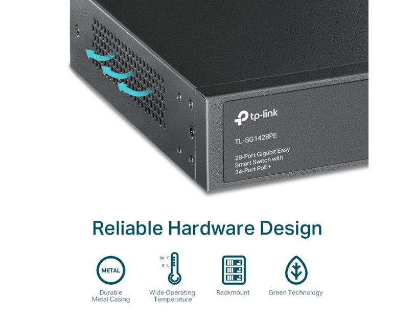 TP-Link Omada JetStream 28-port Gigabit Easy Smart preklopnik (Switch), 24x 10/100/1000 Mbps RJ45 PoE+ port,2x SFP fiber uperlink port, Rack-mount, 250 w PoE+ budget