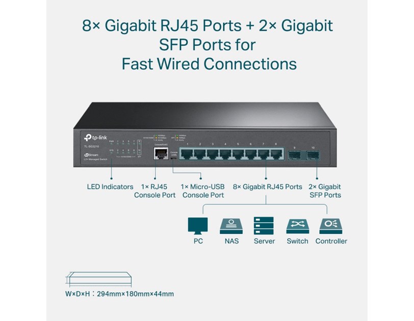 TP-Link Omada JetStream 8-port Gigabit L2 upravljiv preklopnik (Switch), 8×10/100/1000M RJ45 ports, 2×Gigabit SFP, 1U 13" rack-mount