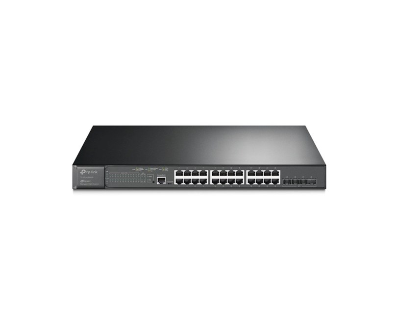 TP-Link Omada JetStream 28-port Gigabit L2+ Smart PoE+ preklopnik (Switch), 24×G-LAN, 4×10G SFP+, RJ45/microUSB console, 19" rack-mount (384W)