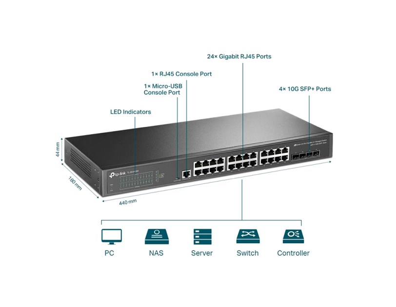 TP-Link Omada JetStream 28-port Gigabit L2+ Smart preklopnik (Switch), 24×G-LAN, 4×10G SFP+, 19" rack-mount