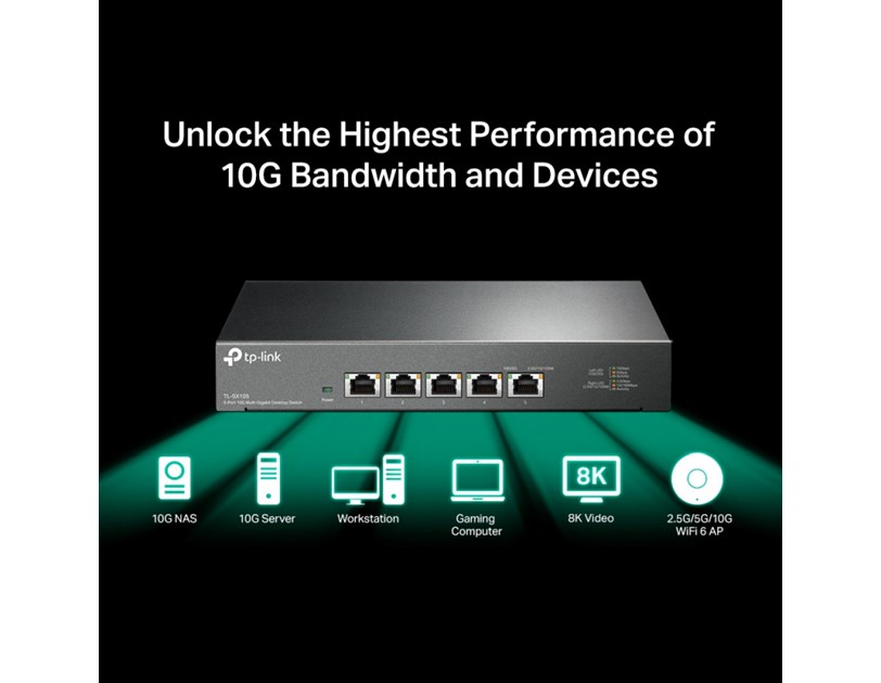 TP-Link 5-Port Multi-gigabit 10G preklopnik (Switch), 5×10G, desktop kućište