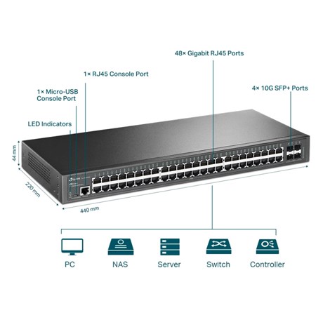 TP-Link 48-port Omada Gigabit Managed preklopnik (Switch) L2+, 48×G-LAN, 4×10G SFP+, 1×RJ45/1×Micro-USB console port, 1U 19" rack-mount