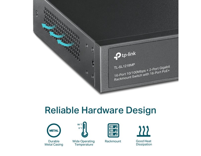 TP-Link 16-port Desktop PoE+ preklopnik (Switch), 16×10/100M RJ45 PoE, 2×10/100/1000M RJ45, 2×SFP Gigabit Combo, metalno kućište (194W)