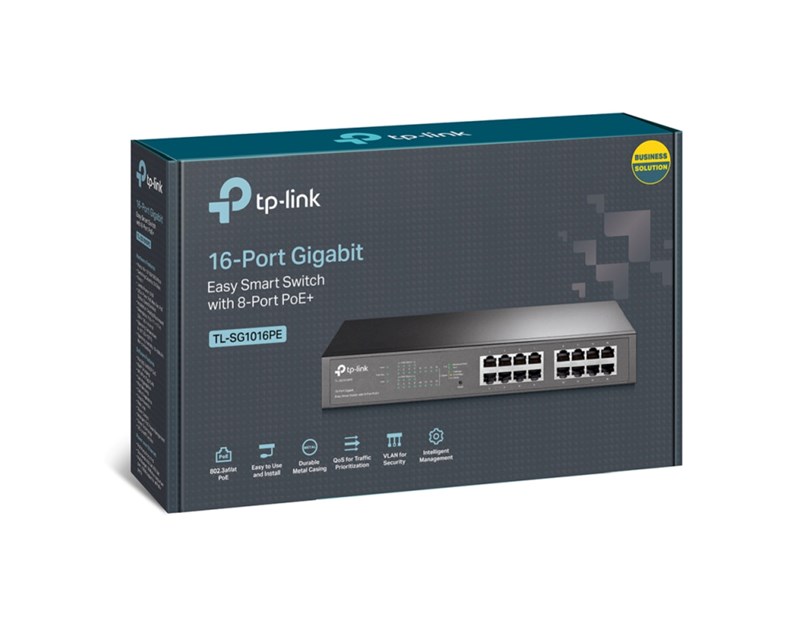 TP-Link 16-port Gigabit Easy Smart Desktop/Rackmount PoE+ preklopnik (Switch), 16×10/100/1000M RJ45 ports, 8×PoE+ ports, metalno kućište