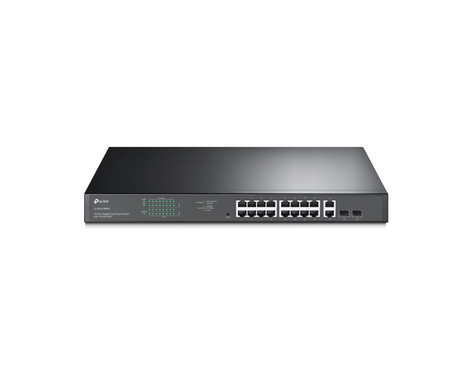 TP-Link JetStream 16-port Gigabit EasySmart PoE+ preklopnik (Switch), 16×10/100/1000M RJ45 PoE, 2×SFP Gigabit, 1U 19" rack-mount kućište (192W)