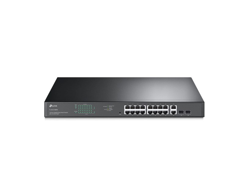 TP-Link JetStream 16-port Gigabit EasySmart PoE+ preklopnik (Switch), 16×10/100/1000M RJ45 PoE, 2×SFP Gigabit, 1U 19" rack-mount kućište (192W)