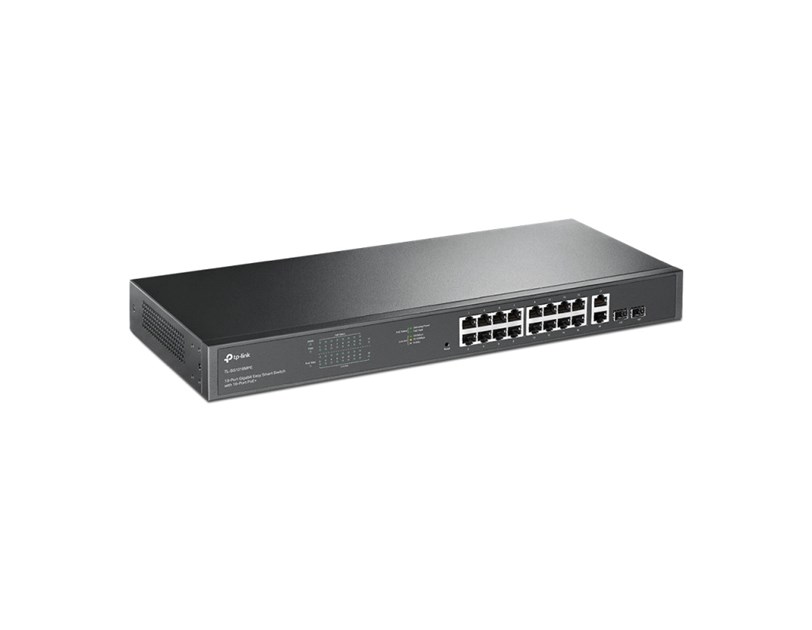 TP-Link JetStream 16-port Gigabit EasySmart PoE+ preklopnik (Switch), 16×10/100/1000M RJ45 PoE, 2×SFP Gigabit, 1U 19" rack-mount kućište (192W)